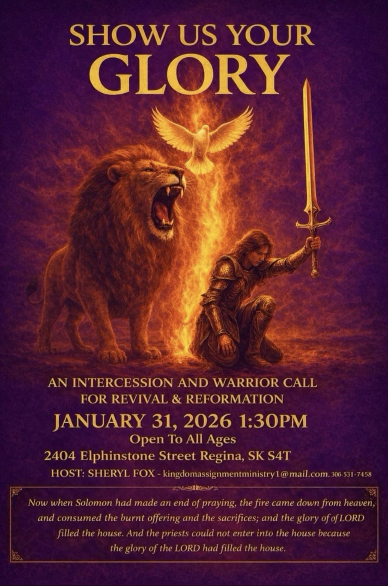 Show Us Your Glory event flyer featuring a warrior with sword and roaring lion